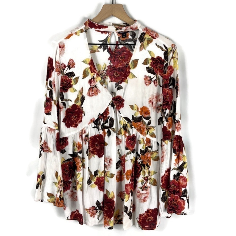 A.N.A Women's Floral Babydoll V-Neck Peasant Blouse Top White Burgundy Size M